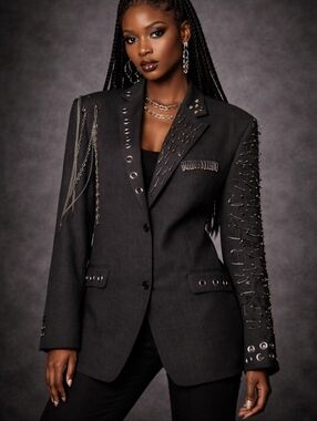 Upcyled Black Safety-Pin Embellished Blazer